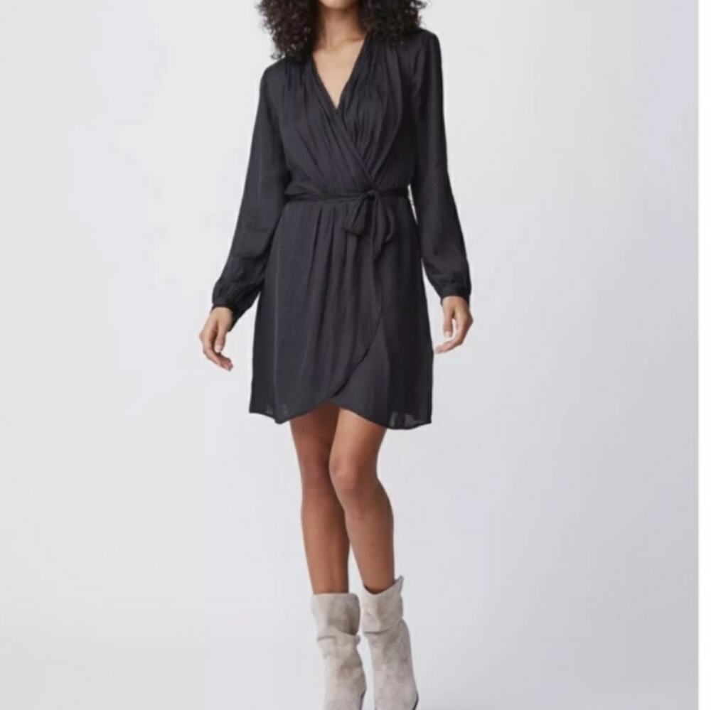 NEW PAIGE Sevilla Above The Knee Tie Waist Wrap V Neck Dress in Black